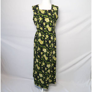 Vintage 90 black and yellow rose floral maxi dress M